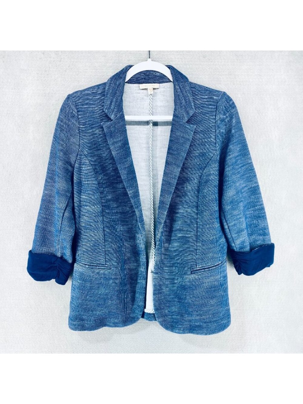 Skies are Blue Blazer Womens M Blue Cotton Blend 3/4 Sleeve Open Jacket Career